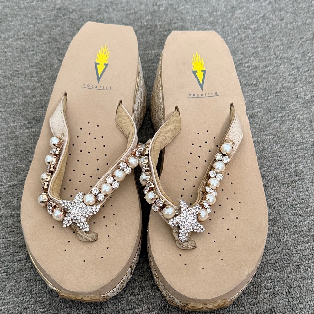 Volatile Beige Wedge Sandals with Rhinestone Accents - Picture 2 of 5